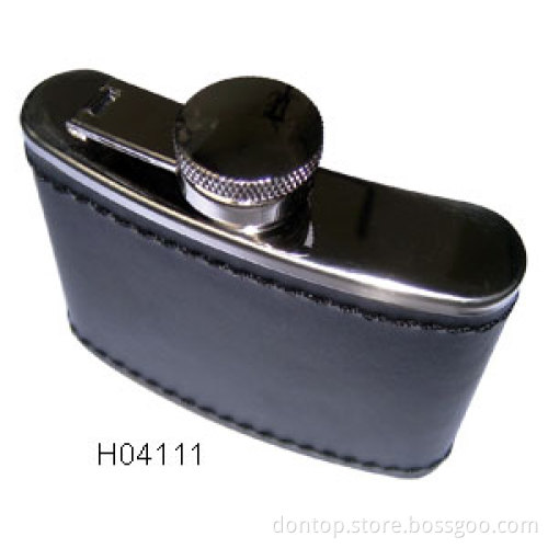 4oz Stainless Steel Hip Flask with Leather (H04111)